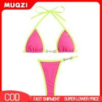ราคา 2 Pcs Set Women Bikini Set Contrast Color Three point Exposed Backless Halter Neck Swimming Lace Up Faux Pearl Lady Swimsuit Water Sports Clothes (25234712508)