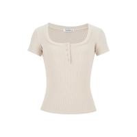 ราคา Moses ราชินี Queen Of Mercy Cewek Seksi ความปรารถนาอันบริสุทธิ์เสื้อสไตล์แขนสั้น Baju Rajutan ตัวยูคอใหญ่ของผู้หญิงออกแบบกระดุมสไตล์ฤดูร้อนเสื้อยืดใหม่หดเอวแสดงเสื้อบาง 63141 (24723580447)