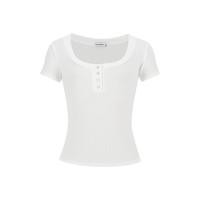 ราคา Moses ราชินี Queen Of Mercy Cewek Seksi ความปรารถนาอันบริสุทธิ์เสื้อสไตล์แขนสั้น Baju Rajutan ตัวยูคอใหญ่ของผู้หญิงออกแบบกระดุมสไตล์ฤดูร้อนเสื้อยืดใหม่หดเอวแสดงเสื้อบาง 63141 (24723580431)