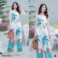 ราคา TT17863 Set 2 ชิ้น เสื้อครอปสายเดี่ยวลายมะพร้าว กางเกงลายมะพร้าว (16174388279)