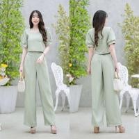 ราคา TT18947 set 2 ชิ้น เสื้อทรงครอปคอเหลี่ยม แขนพอง กางเกงเอวสูงขายาว (23087437367)
