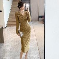 ราคา ชุดเดรสยาวคอวีแขนยาวหรูหราสไตล์ฝรั่งเศส กระโปรงทรงเอเข้ารูป เอวสูง ชุดราตรีสีลูกไม้ เดรสยาว ชุดทำงาน (22266111869)
