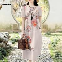 ราคา ชุดเดรสผู้หญิง เดรสกลางคนเนื้อนุ่ม ใส่หลวมสบาย คอกลม เดรสโบฮีเมียนเดรสยาว เดรสคนอ้วนแขนสั้น ลายดอกไม้สไตล์โบราณ ไซส์ใหญ่ใส่สบาย (24788537879)