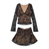 ราคา ชุดเซ็ต 2 ชิ้น เสื้อครอปแขนยาว คอวีลึก ผ้าลูกไม้ซีทรู กระโปรงทรงดอกบัว ซับในสีนู้ด สี ดำ ขาว 2480 (25271295950)