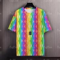 ราคา สายรุ้ง ตาหมากรุก เสื้อยืดผู้ชาย แฟชั่น เสื้อเรืองแสง เสื้อวินเทจชาย สุภาพสตรี เสื้อคอกลม (24246690349)