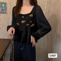 ราคา Kinwoo พร้อมส่ง เสื้อคอยูแขนยาวผ้าชีฟองลายลูกไม้น่ารักๆ เย็บติดกับเสื้อกั๊กผ้าทอ วัยรุ่นใส่สบาย รุ่นC497 (16413393758)