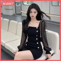 ราคา MARBIT Hot Sale เดรสสั้นเข้ารูปสีดำคอเหลี่ยมสำหรับผู้หญิงเดรสตาข่ายแขนยาวติดกระดุมสำหรับฤดูร้อน (25365123122)