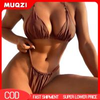 ราคา 2 Pcs Set Women Bikini Set Pleated Solid Color Lace Up High Waist Spaghetti Strap Swimming Halter Neck Push Up Bathing Suit Water Sports Clothes (25234790266)