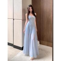 ราคา ชุดเดรสยาวสายเดี่ยวเปิดหลังสีน้ำเงินสไตล์ฝรั่งเศส ชุดราตรียาว ชุดไปงานวันเกิดชายหาด ชุดเดรสยาวสไตล์ฝรั่งเศส ชุดเดรสแขนกุดคอเหลี่ยม (24424499675)