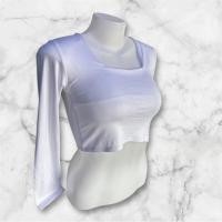 ราคา เสื้อครอปคอเหลี่ยมแขนยาว เอวลอย ผ้าเรย่อน ผ้ายืดใส่สบาย งานสวยนะ (8765996666)