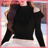 ราคา FashionFrenzyY เสื้อสเวตเตอร์ถักคอเต่าแขนยาวเปิดไหล่สำหรับผู้หญิงสไตล์เกาหลี (23595366140)
