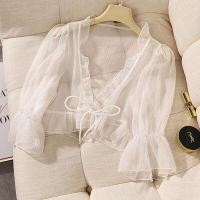 ราคา เสื้อคลุมยาวสั้นผ้าชีฟองแฟชั่นสำหรับผู้หญิงในฤดูร้อน เสื้อคลุมแขนยาวบาง เสื้อคลุมคาร์ดิแกนเปิดไหล่สำหรับผู้หญิง (22347784818)