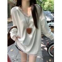 ราคา Korean Dress เสื้อยืดผู้หญิง เสื้อยืดสวยๆผู้หญิง ลูกไม้สีขาวคอวีหลวมพอดีแขนยาว (24177417289)