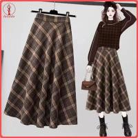 ราคา fulaide Women Midi Skirt Elastic High Waist Plaid Print Skater Skirt A Line Large Hem Casual Skirt Commuting Streetwear (24502255460)