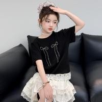 ราคา AMILA เสื้อยืดเด็กสำหรับเด็กผู้หญิงเสื้อยืดแขนสั้นปักลายมีโบว์สำหรับฤดูร้อน (24404851394)