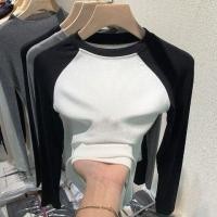 ราคา เสื้อยืดแขนยาวสำหรับผู้หญิง2024เสื้อยืดปะต่อสีตัดกันดีไซน์ใหม่เสื้อเอวลอยมีพื้นด้านล่าง (22254419643)