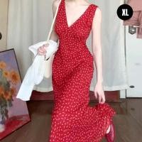 ราคา ชุดเดรสยาวผู้หญิงแขนกุดลายดอกไม้สไตล์วันหยุดสีแดงสุดเก๋ (24368759101)