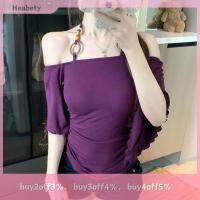 ราคา เสื้อคล้องคอแบบเปิดไหล่ข้างเดียวสำหรับผู้หญิงเสื้อยืดแขนสั้นสไตล์หวานแหวว (25273658114)