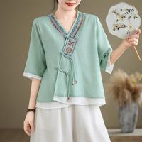 ราคา เสื้อเชิ้ตคอจีนปักลายชาติพันธุ์ วีเน็ค กระดุมผ่าหน้า ผ้าลินินคอตตอน สปริง ซัมเมอร์ (25389023891)