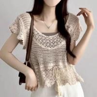 ราคา DD SHOPพร้อมส่ง CX1131 เสื้อถักไหมพรม แขนสั้น ดีเทลเว้าซีที (24558056080)