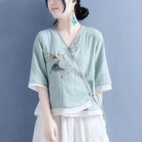 ราคา เสื้อเชิ้ตคอวีปักลาย ผ้าฝ้ายลินิน (25402739875)