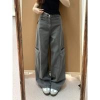 ราคา NALING กางเกงทำงานผ้าเดนิมสีเทาสำหรับผู้หญิง เอวสูง ขาตรงหลวม (25267996734)