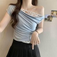 ราคา เสื้อยืดแขนสั้นผ้าลูกไม้สีขาว ดีไซน์เปิดไหล่ ทรงเข้ารูป สไตล์เกาหลี ผ้าฝ้ายผสมโพลีเอสเตอร์ ปกโปโล คอวี แขนสั้น (24944281943)