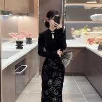 ราคา ชุดกี่เพ้าผ้ากำมะหยี่สีดำ ชุดเดรสสไตล์จีนย้อนยุค ฤดูใบไม้ร่วง แฟชั่น เดรสยาวทรงเอเข้ารูป สไตล์ย้อนยุค เดรสยาวสีดำ (25326512813)