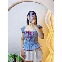 ราคา K shop Closet เสื้อแขนตุ๊กตา เสื้อลายริ้ว ขอบลูกไม้ ทรงน่ารัก เรียบหรู สม็อคเอวหน้าหลัง แต่งโบว์สีแดง อก32 38 (25279558980)