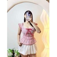 ราคา K shop Closet เสื้อแขนตุ๊กตา เสื้อลายริ้ว ขอบลูกไม้ ทรงน่ารัก เรียบหรู สม็อคเอวหน้าหลัง แต่งโบว์สีแดง อก32 38 (25279558987)