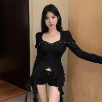 ราคา เสื้อยืดแขนยาวทรงเข้ารูปสไตล์เกาหลีสำหรับผู้หญิง ทรงเข้ารูป แขนยาว คอเหลี่ยม แขนกระดิ่ง ดีไซน์ไม่สมมาตร ผูกโบว์ แขนยาว (25396560667)