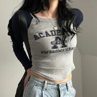 ราคา เสื้อยืดแขนยาวผู้หญิงสไตล์อเมริกัน ทรงเข้ารูป ดีไซน์ตัดต่อสี ดีไซน์ไม่สมมาตร ทรงเข้ารูป ทรงสั้น ผ้าฝ้ายผสมโพลีเอสเตอร์ (25303901780)