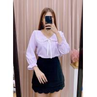 ราคา เสื้อคอบัวปกติดลูกไม้ลายสก้อตเล็กผ้าไหมอิตาลีมีสายผูกโบว์สีขาว (24802517599)