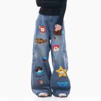 ราคา zuocisankon ผ้าขนหนูนุ่มลายการ์ตูนสไตล์อเมริกัน ปักลาย มีกระเป๋าใหญ่ กางเกงยีนส์ขายาวทรงตรงขาบาน (26337757891)