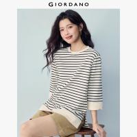 ราคา GIORDANO Women T Shirts 100 Cotton Striped High Low Hem Tee Crewneck 3 4 Sleeve Fashionable Casual T Shirts 05326387 (126247103074)
