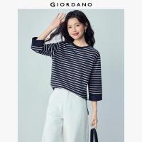 ราคา GIORDANO Women T Shirts 100 Cotton Striped High Low Hem Tee Crewneck 3 4 Sleeve Fashionable Casual T Shirts 05326387 (126247089206)