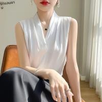 ราคา BALANYANG เสื้อสายเดี่ยวคอวีผ้าซาตินสีขาวหรูหรา (25022512906)