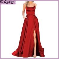 ราคา Evening Dress Spaghetti Strap High Slit Off Shoulder Backless Sleeveless Side Pockets A line Floor Length Satin Pure Color Prom Banquet Party Maxi Dress (25039937258)