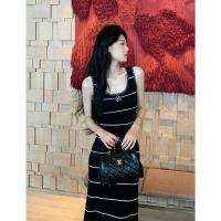 ราคา YUEZHONGWEI ชุดเดรสยาวแขนกุดทรงฟิตเนค U สีตัดกันลายขวาง (26415806433)