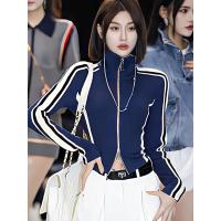 ราคา Korean Style Retro Casual Lightweight Jackets for Women Sports Slim Fit Striped Zipper Long Sleeve Coat (22257192605)