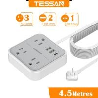 ราคา TESSAN Flat Extension Cord With USB Type C Surge Protector Power Strip Ultra Thin Flat USB Wall Charger Extension Cable (126698477291)