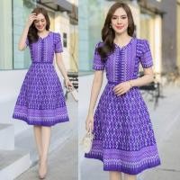 ราคา ชุดเดรสผ้าไทยสีม่วง ผ้าฝ้ายทอเปลือกไม้พิมพ์ลาย ลายขอ ทรงกระโปรงบาน (21418651613)