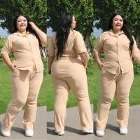 ราคา ชุดเซต สาวอวบ เสื้อแขนสั้นคอปกมีกระดุม กางเกงขายาว เสื้อผ้า คนอ้วน ผ้าทอฟฟี่ช ชุดผู้หญิง เสื้อผ้าคนอ้วน ผ้ายืดเยอะมาก TZ80 (22988699497)