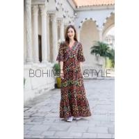 ราคา พร้อมส่งเดรสพิมพ์ลายกราฟฟิคสีสันโดดเด่นสไตล์โบฮีเมียน เดรสออกงานเดรสเที่ยวทะเลคาเฟเดรสสาวอวบ (24444345145)