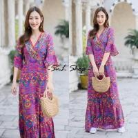 ราคา พร้อมส่งเดรสพิมพ์ลายกราฟฟิคสีสันโดดเด่นสไตล์โบฮีเมียน เดรสออกงานเดรสเที่ยวทะเลคาเฟเดรสสาวอวบ (24444345143)