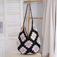 ราคา B449กระเป๋าสะพายไหล่ ถือ size ใหญ่ ถักด้วยมือ 100 ลายดอกทานตะวัน สไตล์เรโทร ฟอเรสต์ สำหรับสตรี (26288145220)