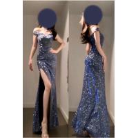 ราคา ชุดเดรสยาวสายเดี่ยวสีน้ำเงินสะท้อนแสงสุดเซ็กซี่สำหรับผู้หญิง ชุดราตรีสำหรับงานวันเกิด ชุดราตรีสุดเซ็กซี่ ชุดเดรสยาวปานกลาง (23423857878)