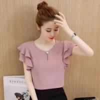 ราคา WOU EY เสื้อชีฟองแขนสั้นแขนพัฟเสื้อสำนักงานเลดี้เสื้อยืดคอวี (15704197819)