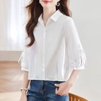 ราคา CUOOYINO เสื้อเชิ้ตดีไซน์ฤดูร้อนสีขาว แขนสามส่วนแบบบาน สำหรับคนตัวเล็ก ผ้าฝ้าย (25412624514)