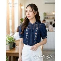 ราคา 4503 เสื้อผ้าฝ้ายผสม แขนสั้น เอวจั๊ม เพิ่มลูกเล่นด้วยลูกไม้ลายดอกไม้แบบฉลุ และงานปักลายดอกไม้สวยงาม รุ่นนี้เป็นกระดุมหน้านะคะ (126840915200)